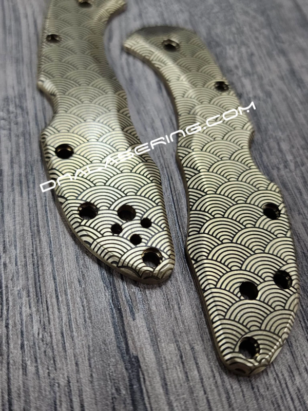 Seigaiha Japanese Waves - Spyderco Delica - Deep Laser Engraved Brass Scales - Flytanium Gear - Optional Knife Install