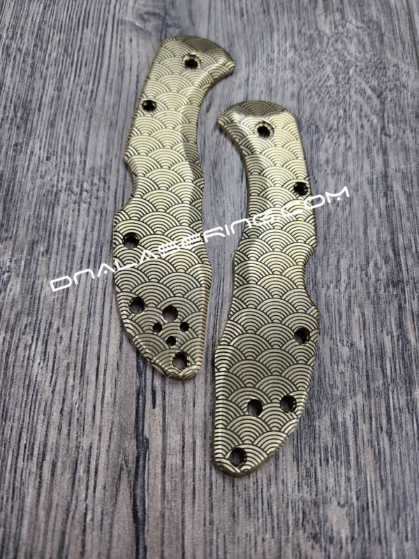 Seigaiha Japanese Waves - Spyderco Delica - Deep Laser Engraved Brass Scales - Flytanium Gear - Optional Knife Install
