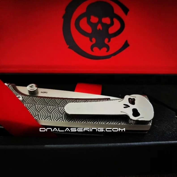 Chaves Knives - Relief Engraved RCK9 - Samurai Devil Mask Theme - Titanium - M390 Steel - COMPLETE KNIFE - Extra clip - New in box