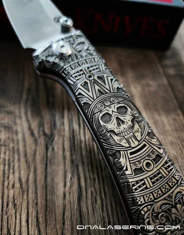 Chaves Knives - Relief Engraved RCK9 - Dead Aztec Theme - Titanium Scales - M390 Steel - COMPLETE KNIFE - Extra clip - New in box