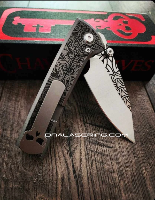 Chaves Knives - Relief Engraved Scapegoat - Viking Runes - Titanium Scales - M390 Steel - COMPLETE KNIFE - Extra clip - New in box