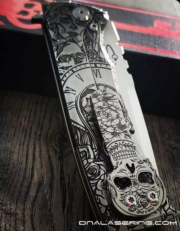 Chaves Knives - Relief Engraved Redencion 229 Kickstop - Day of the Dead - Titanium Scales - M390 Steel - COMPLETE KNIFE - Extra clip - New in box