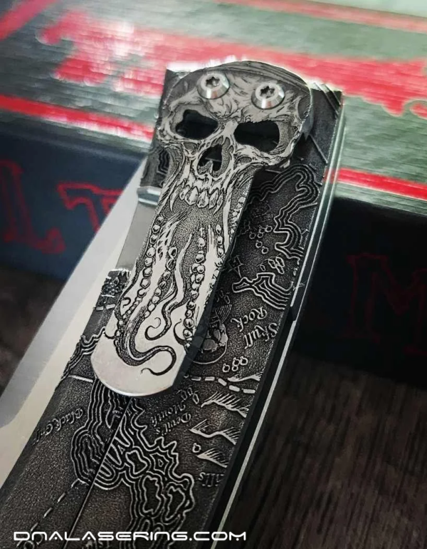 Chaves Knives - Relief Engraved Redencion 229 Kickstop - Davy Jones Pirate Skull 2.0 - Titanium Scales - M390 Steel - COMPLETE KNIFE - Extra clip - New in box