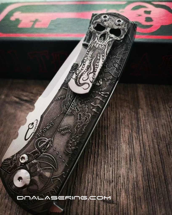 Chaves Knives - Relief Engraved Redencion 229 Kickstop - Davy Jones Pirate Skull 2.0 - Titanium Scales - M390 Steel - COMPLETE KNIFE - Extra clip - New in box