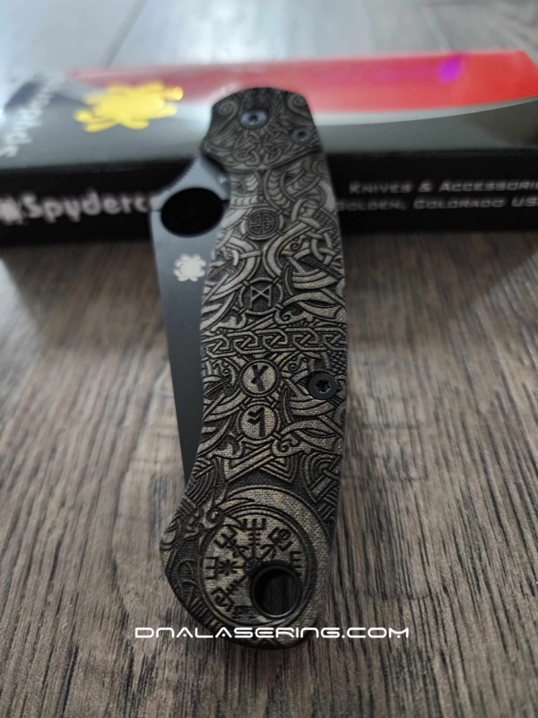 Spyderco PM2 MagnaCut - Green Canvas Micarta Engraved Viking Rune Scales - CPM MagnaCut DLC Blade - Complete Knife - EDC Gear