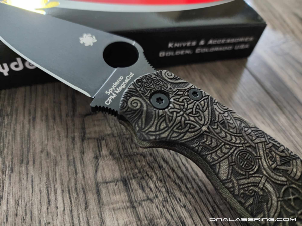 Spyderco PM2 MagnaCut - Green Canvas Micarta Engraved Viking Rune Scales - CPM MagnaCut DLC Blade - Complete Knife - EDC Gear