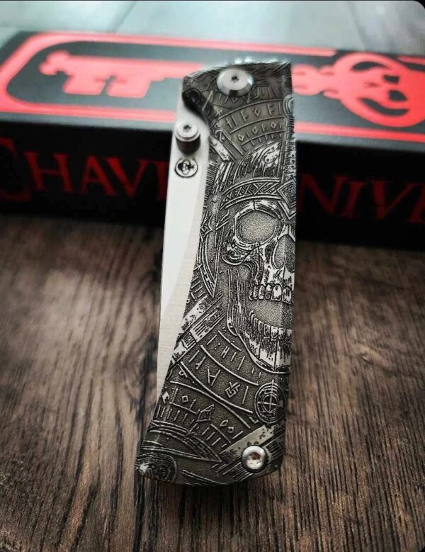 Chaves Knives - Relief Engraved RCK9 - Viking Death Skull Theme - Titanium - M390 Steel - COMPLETE KNIFE - Extra clip - New in box