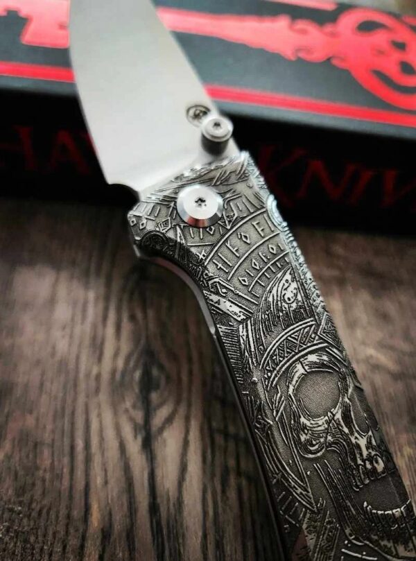Chaves Knives - Relief Engraved RCK9 - Viking Death Skull Theme - Titanium - M390 Steel - COMPLETE KNIFE - Extra clip - New in box