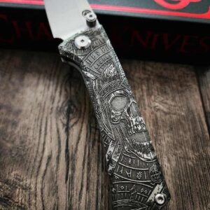 Chaves Knives - Relief Engraved RCK9 - Viking Death Skull Theme - Titanium - M390 Steel - COMPLETE KNIFE - Extra clip - New in box