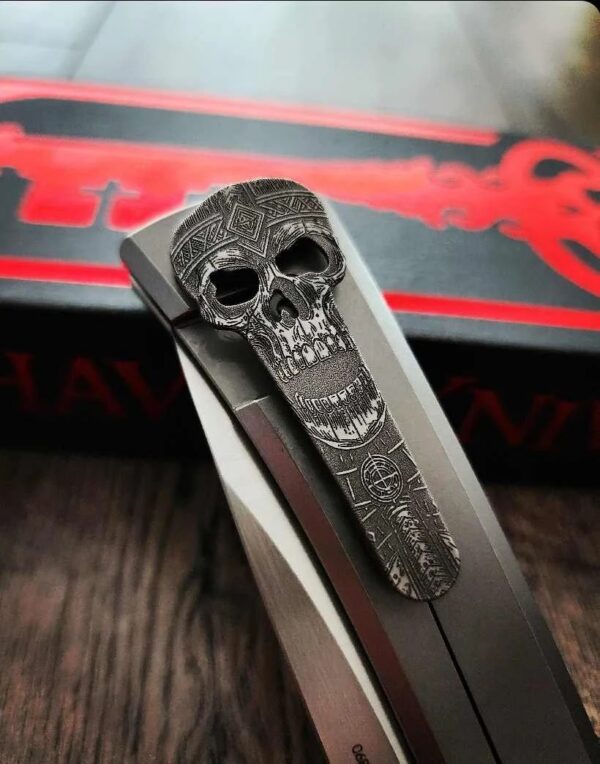 Chaves Knives - Relief Engraved RCK9 - Viking Death Skull Theme - Titanium - M390 Steel - COMPLETE KNIFE - Extra clip - New in box