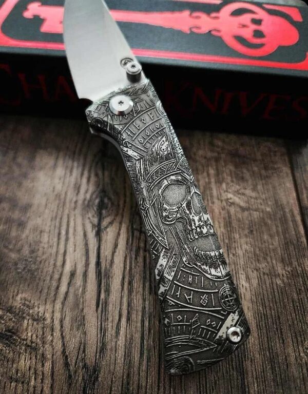 Chaves Knives - Relief Engraved RCK9 - Viking Death Skull Theme - Titanium - M390 Steel - COMPLETE KNIFE - Extra clip - New in box