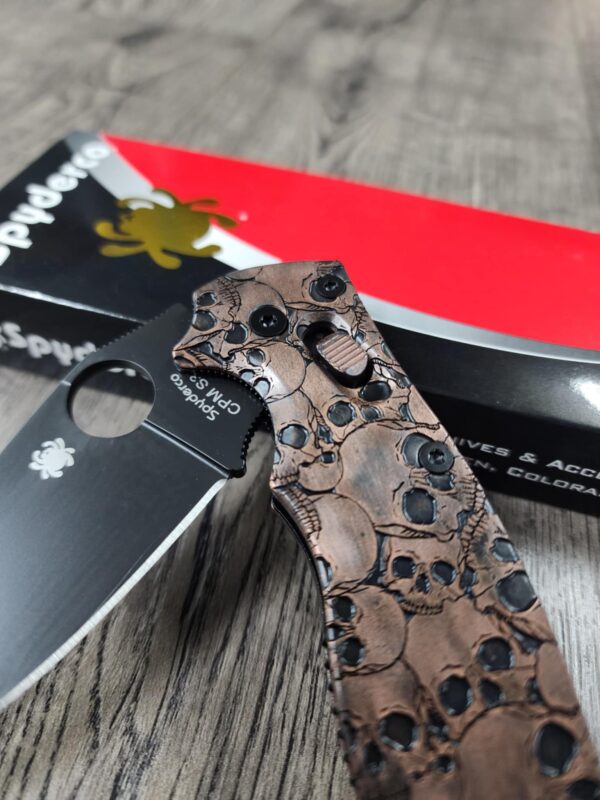 Manix 2 Knife - AGED Copper Scales & Ball Cage - EDC - Relief Engraved Skull Pattern - COMPLETE Knife with LynchNW deep carry clip