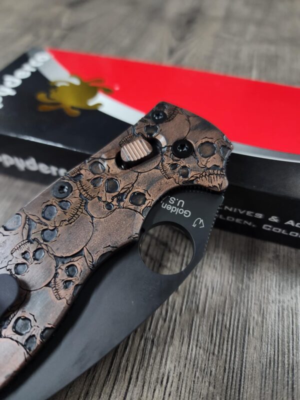 Manix 2 Knife - AGED Copper Scales & Ball Cage - EDC - Relief Engraved Skull Pattern - COMPLETE Knife with LynchNW deep carry clip