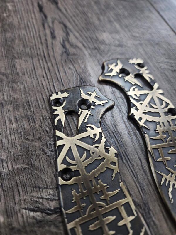 Spyderco Manix 2 Brass Relief Engraved Viking Runes Pattern - Aged Brass - EDC Scales - Knife Install Optional
