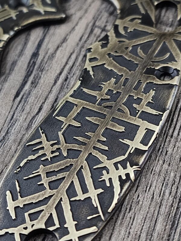 Spyderco Manix 2 Brass Relief Engraved Viking Runes Pattern - Aged Brass - EDC Scales - Knife Install Optional