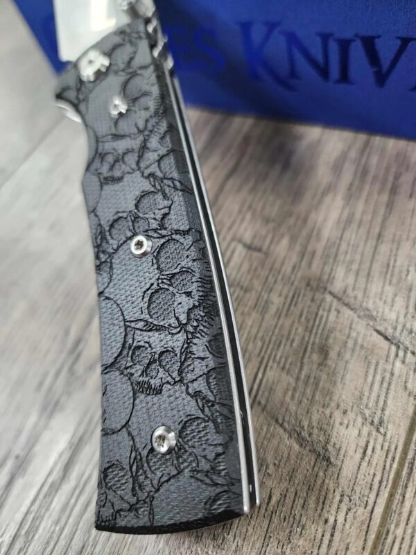 Chaves Redencion 229 - Black Micarta Laser Engraved Skull Pattern Scales - Engraved Skull Clip - COMPLETE KNIFE - 3.50" Satin ELMAX Blade - New In Box