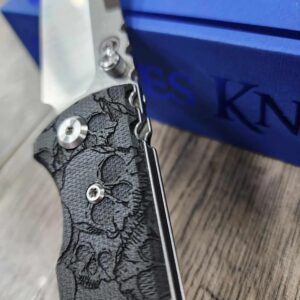 Chaves Redencion 229 - Black Micarta Laser Engraved Skull Pattern Scales - Engraved Skull Clip - COMPLETE KNIFE - 3.50" Satin ELMAX Blade - New In Box