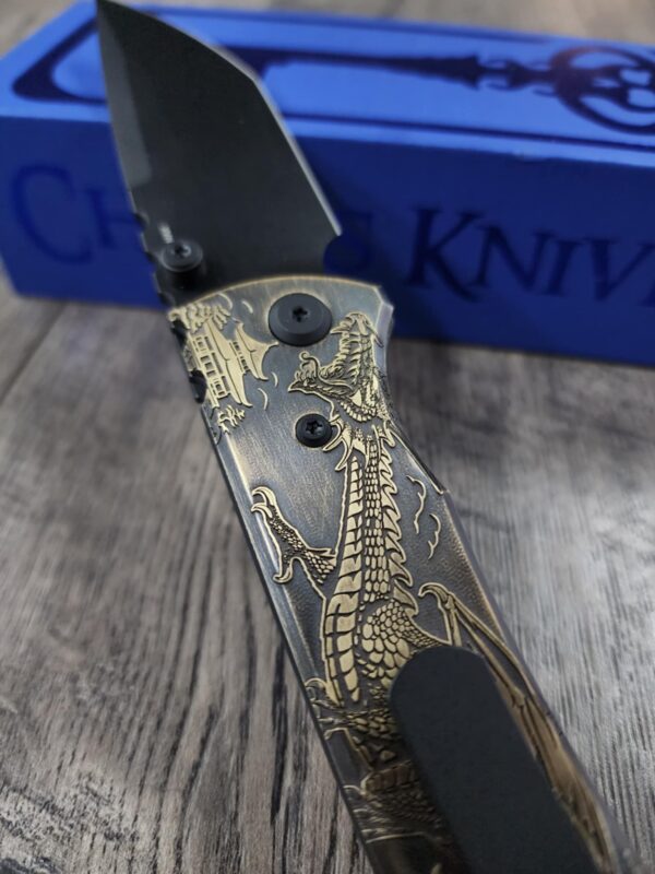 Chaves Redencion 229 - AGED Devil Mask with Dragon Relief Laser Engraved Brass Scales - Knife Install Optional - 4 Blade Styles - New In Box