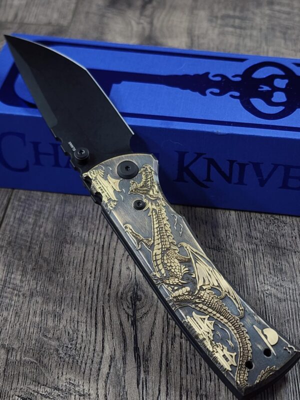 Chaves Redencion 229 - AGED Devil Mask with Dragon Relief Laser Engraved Brass Scales - Knife Install Optional - 4 Blade Styles - New In Box