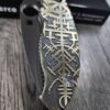 CRUWEAR Spyderco Manix 2 - Relief Engraved Viking/Runes Brass Scales - Complete Knife - Tritium Blue Glow Ball Cage - LynchNW Matching Engraved Deep Carry Clip & Lanyard Plug