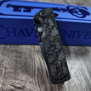 Chaves Knives TAK Flipper Knife - Engraved Skulls - Black Micarta 2.75" - Tanto or Drop Point Blade Option - Complete Knife - EDC