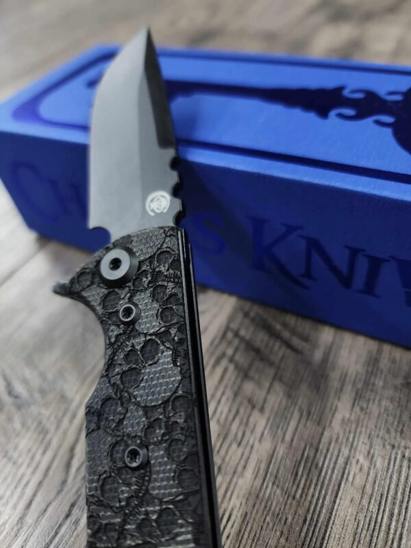 Chaves Knives TAK Flipper Knife - Engraved Skulls - Black Micarta 2.75" - Tanto or Drop Point Blade Option - Complete Knife - EDC