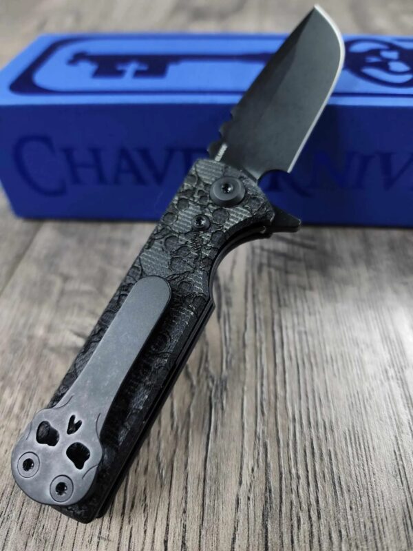 Chaves Knives TAK Flipper Knife - Engraved Skulls - Black Micarta 2.75" - Tanto or Drop Point Blade Option - Complete Knife - EDC