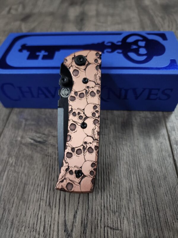 Chaves Redencion Street - Skulls Relief Laser Engraved Copper Scales - Complete Knife - Black Elmax Blade - New In Box