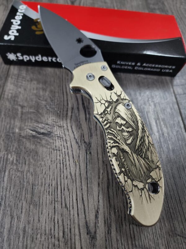 Spyderco Manix 2 Brass Relief Engraved Grim Reaper - Aged Brass - EDC Scales - Knife Install Optional