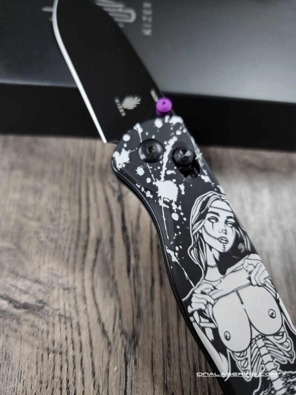 Zombie Pin Up! - Fiber Laser Engraved - Kizer Drop Bear - EDC - COMPLETE KNIFE!