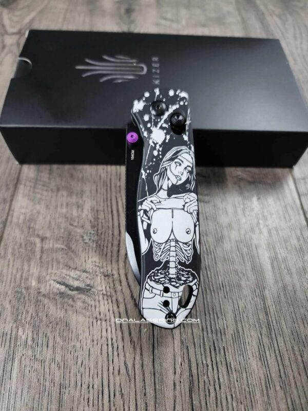Zombie Pin Up! - Fiber Laser Engraved - Kizer Drop Bear - EDC - COMPLETE KNIFE!