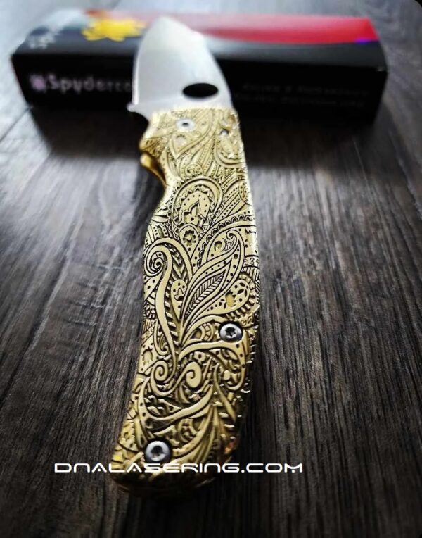Spyderco Shaman - Paisley - Relief Laser Engraved Brass Scales - Complete Knife - Phosphor Washers - Brass Backspacer - NEW IN BOX