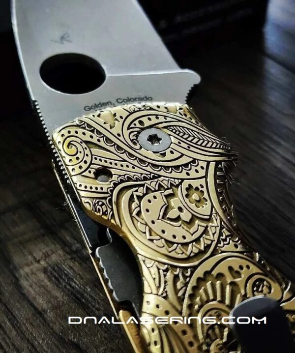 Spyderco Shaman - Paisley - Relief Laser Engraved Brass Scales - Complete Knife - Phosphor Washers - Brass Backspacer - NEW IN BOX