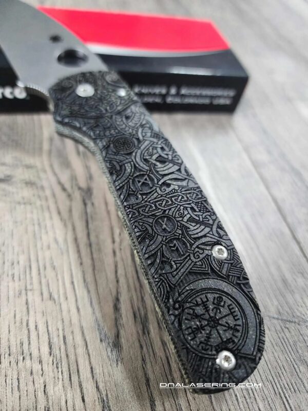 Spyderco Shaman with Viking Runes Engraved Lotus Black Canvas Micarta Scales and LynchNW Satin Deep Carry Pocket clip - S30V Blade Steel - COMPLETE KNIFE