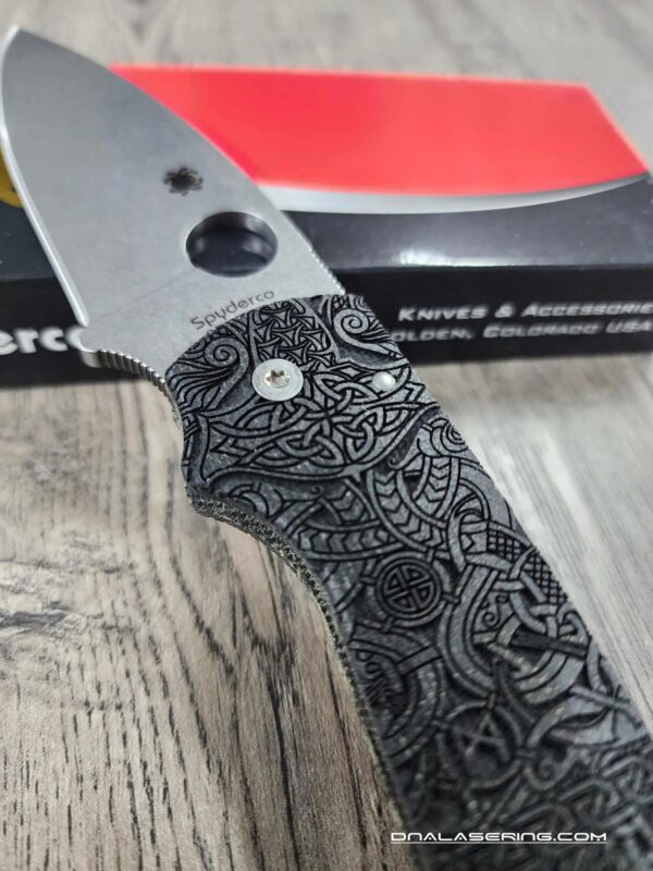 Spyderco Shaman with Viking Runes Engraved Lotus Black Canvas Micarta Scales and LynchNW Satin Deep Carry Pocket clip - S30V Blade Steel - COMPLETE KNIFE