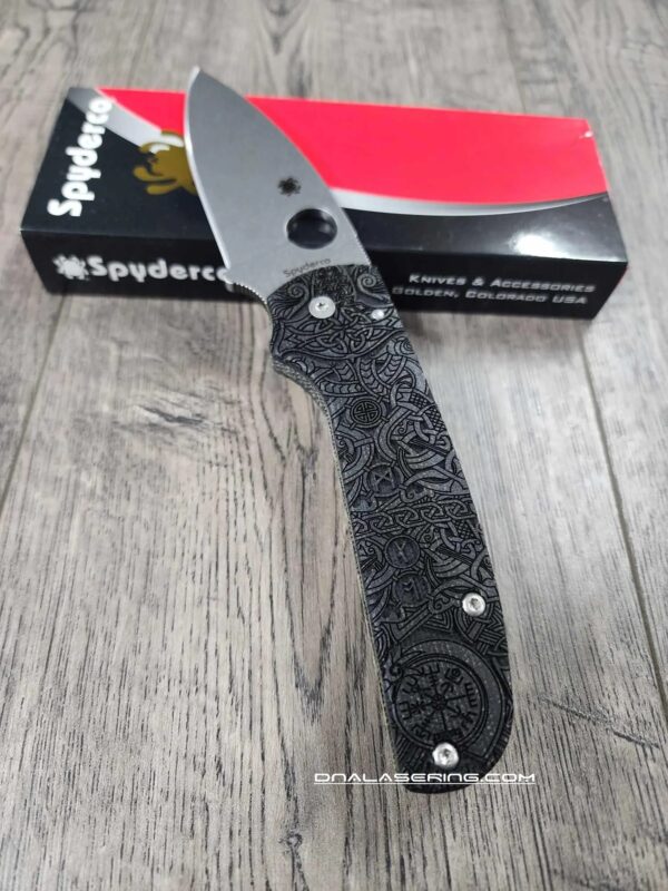 Spyderco Shaman with Viking Runes Engraved Lotus Black Canvas Micarta Scales and LynchNW Satin Deep Carry Pocket clip - S30V Blade Steel - COMPLETE KNIFE
