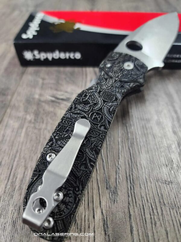 Spyderco Shaman with Viking Runes Engraved Lotus Black Canvas Micarta Scales and LynchNW Satin Deep Carry Pocket clip - S30V Blade Steel - COMPLETE KNIFE