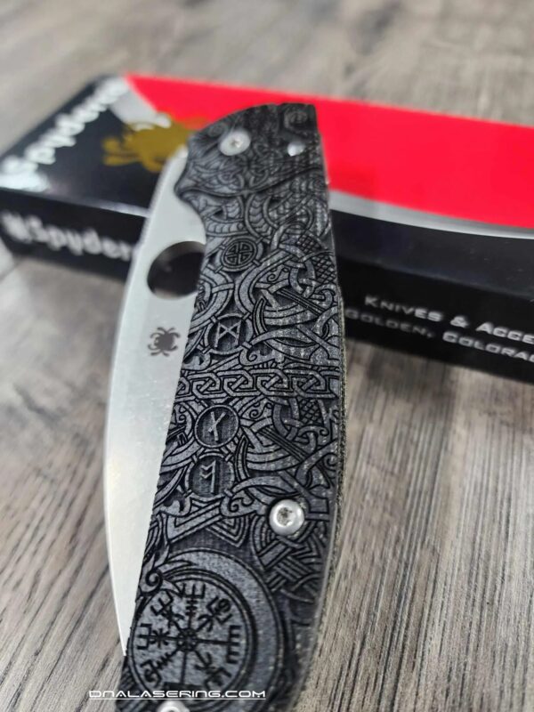 Spyderco Shaman with Viking Runes Engraved Lotus Black Canvas Micarta Scales and LynchNW Satin Deep Carry Pocket clip - S30V Blade Steel - COMPLETE KNIFE