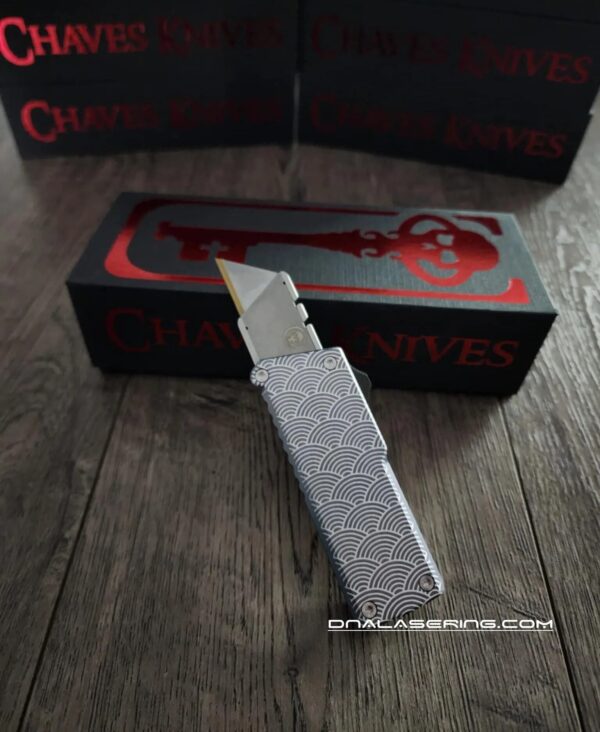 Chaves CHUB Auto Gray Crosshatch With Laser Engraved Seigaiha Waves Pattern - Made in USA - EDC Knife - New In Box