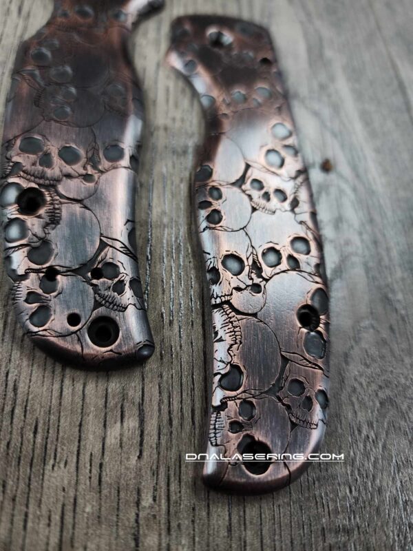 Skulls - Spyderco Shaman - Relief Laser Engraved Copper Knife Scales - Aged Finish