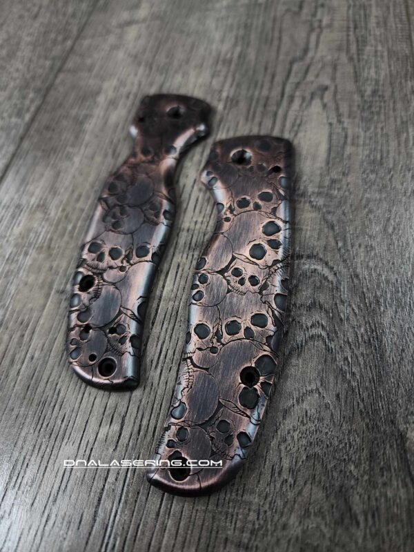 Skulls - Spyderco Shaman - Relief Laser Engraved Copper Knife Scales - Aged Finish