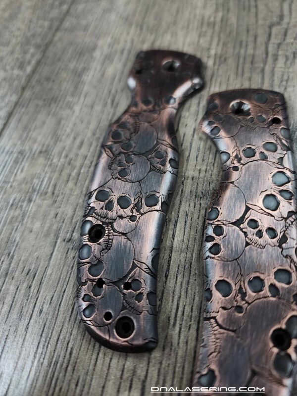 Skulls - Spyderco Shaman - Relief Laser Engraved Copper Knife Scales - Aged Finish