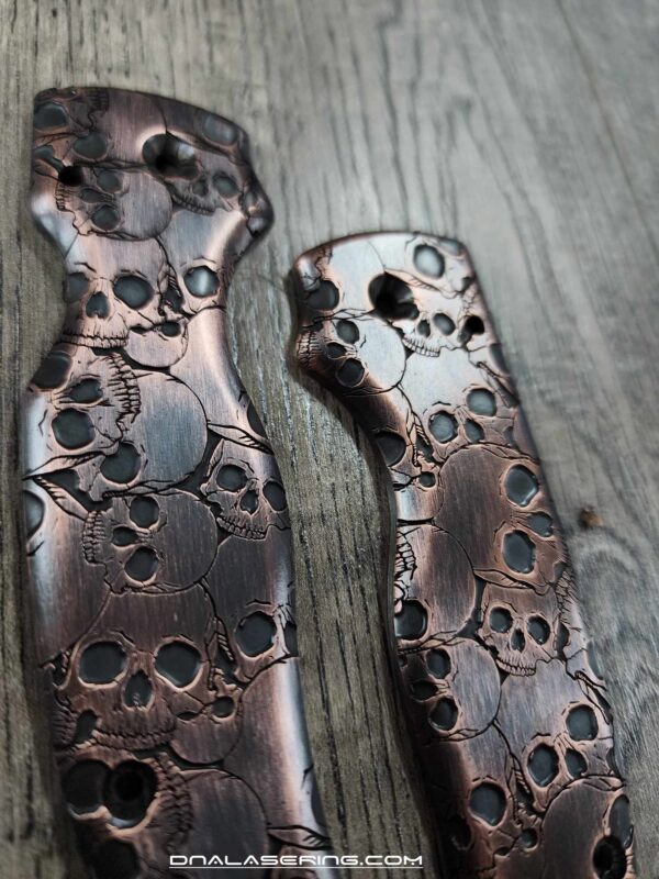 Skulls - Spyderco Shaman - Relief Laser Engraved Copper Knife Scales - Aged Finish