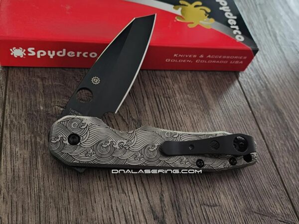 Custom Spyderco Smock Black CRUWEAR Titanium Great Waves Engraved NIB - LynchNW Smock Blacksmith Deep Carry Pocket Clip Installed