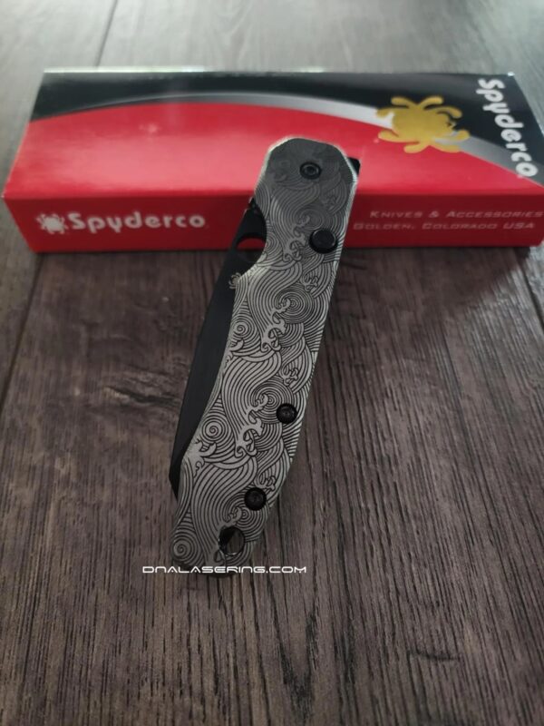 Custom Spyderco Smock Black CRUWEAR Titanium Great Waves Engraved NIB - LynchNW Smock Blacksmith Deep Carry Pocket Clip Installed