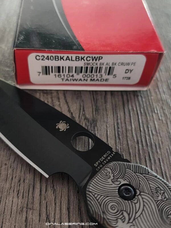 Custom Spyderco Smock Black CRUWEAR Titanium Great Waves Engraved NIB - LynchNW Smock Blacksmith Deep Carry Pocket Clip Installed