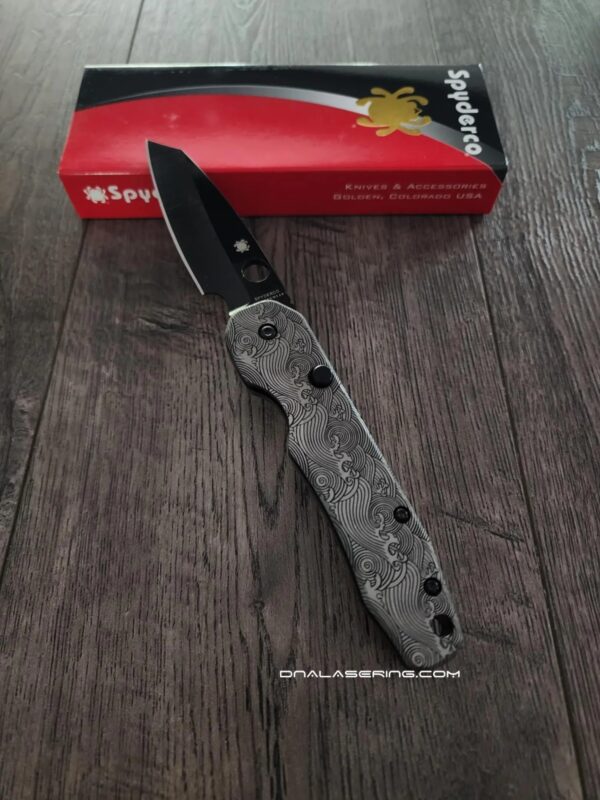 Custom Spyderco Smock Black CRUWEAR Titanium Great Waves Engraved NIB - LynchNW Smock Blacksmith Deep Carry Pocket Clip Installed