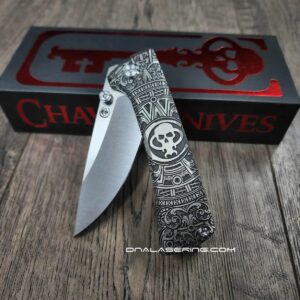 Chaves Knives - Relief Engraved RCK9 - Titanium Scales - Chaves Skull Aztec - M390 Steel - COMPLETE KNIFE With Extra Clip - New in Box