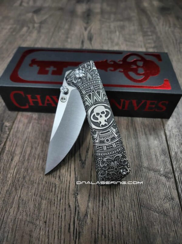 Chaves Knives - Relief Engraved RCK9 - Titanium Scales - Chaves Skull Aztec - M390 Steel - COMPLETE KNIFE With Extra Clip - New in Box