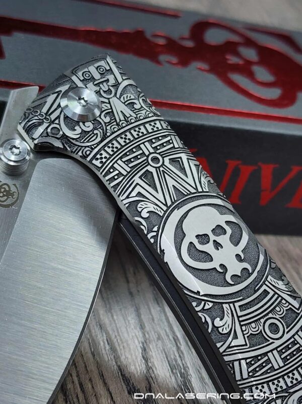 Chaves Knives - Relief Engraved RCK9 - Titanium Scales - Chaves Skull Aztec - M390 Steel - COMPLETE KNIFE With Extra Clip - New in Box